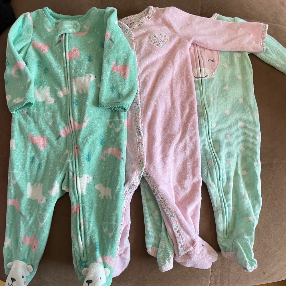 3 Carter’s baby girl pajama footies mint pink flannel fleece terry 6 months